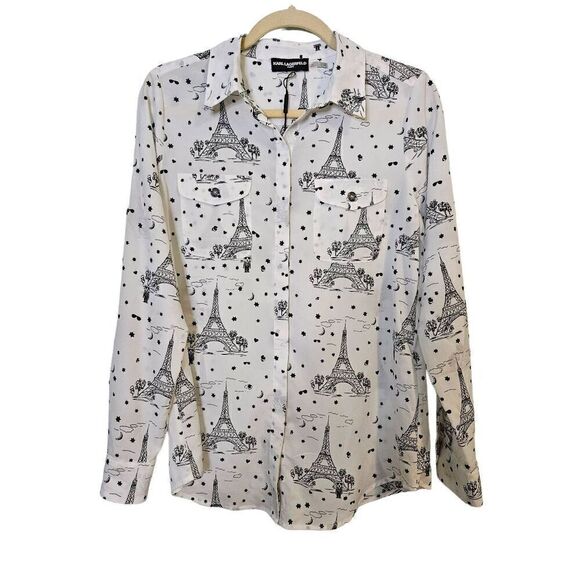 Karl Lagerfeld white blouse with a Paris printed theme. Size S. NWT. - Picture 1 of 4